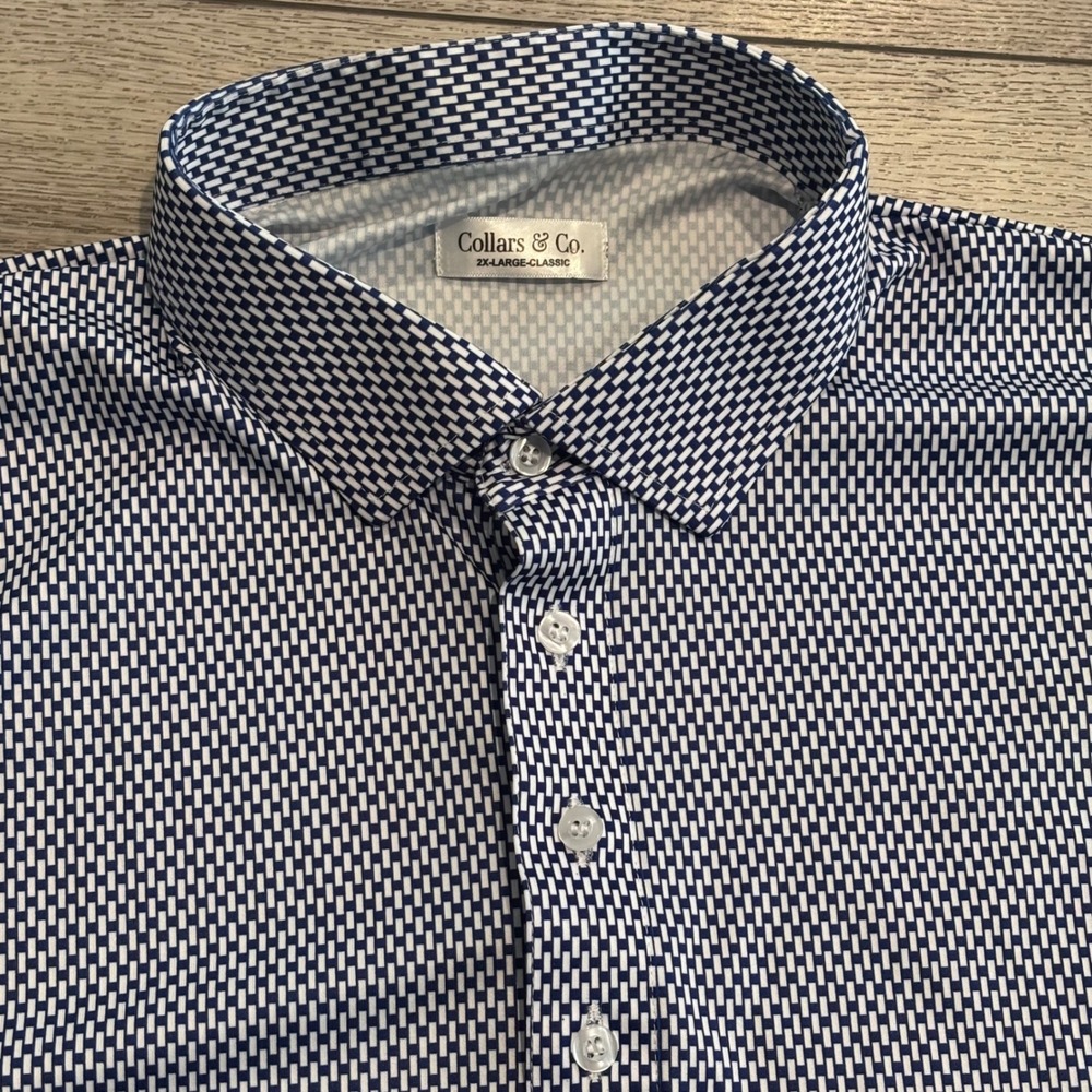Collars & Co. Dress Collar Polo Mens 2XL Blue Geometric Performance Golf Preppy